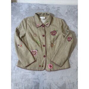 Susan Bristol Women’s Wool Blend Embroidered Floral Jacket Beige Pink Size 16